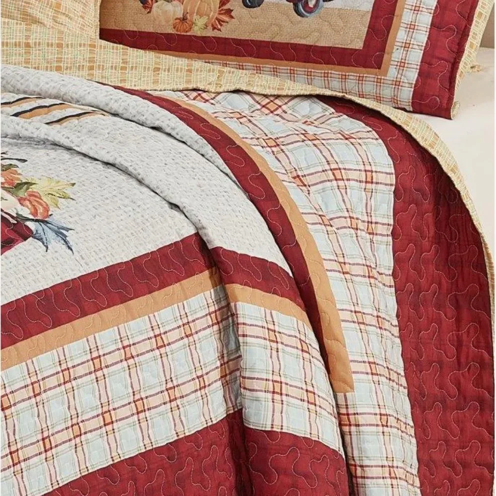 Farmhouse Red Truck HAPPY FALL Y'ALL Printed Queen Quilt Set Vintage Country